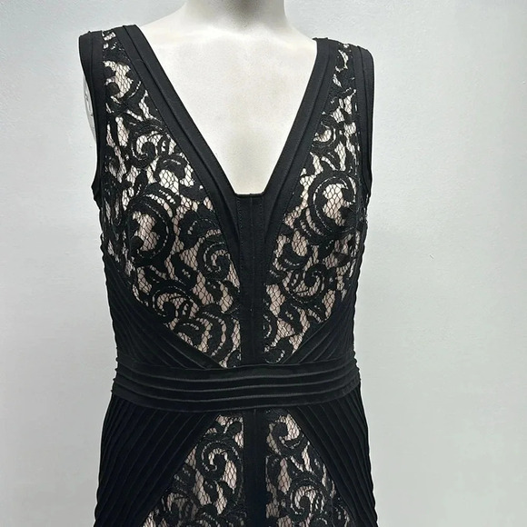 Tadashi Shoji Dress Sleeveless Lace Fit And Flare Midi V-Neck Black Cream Size 6 - Picture 3 of 11